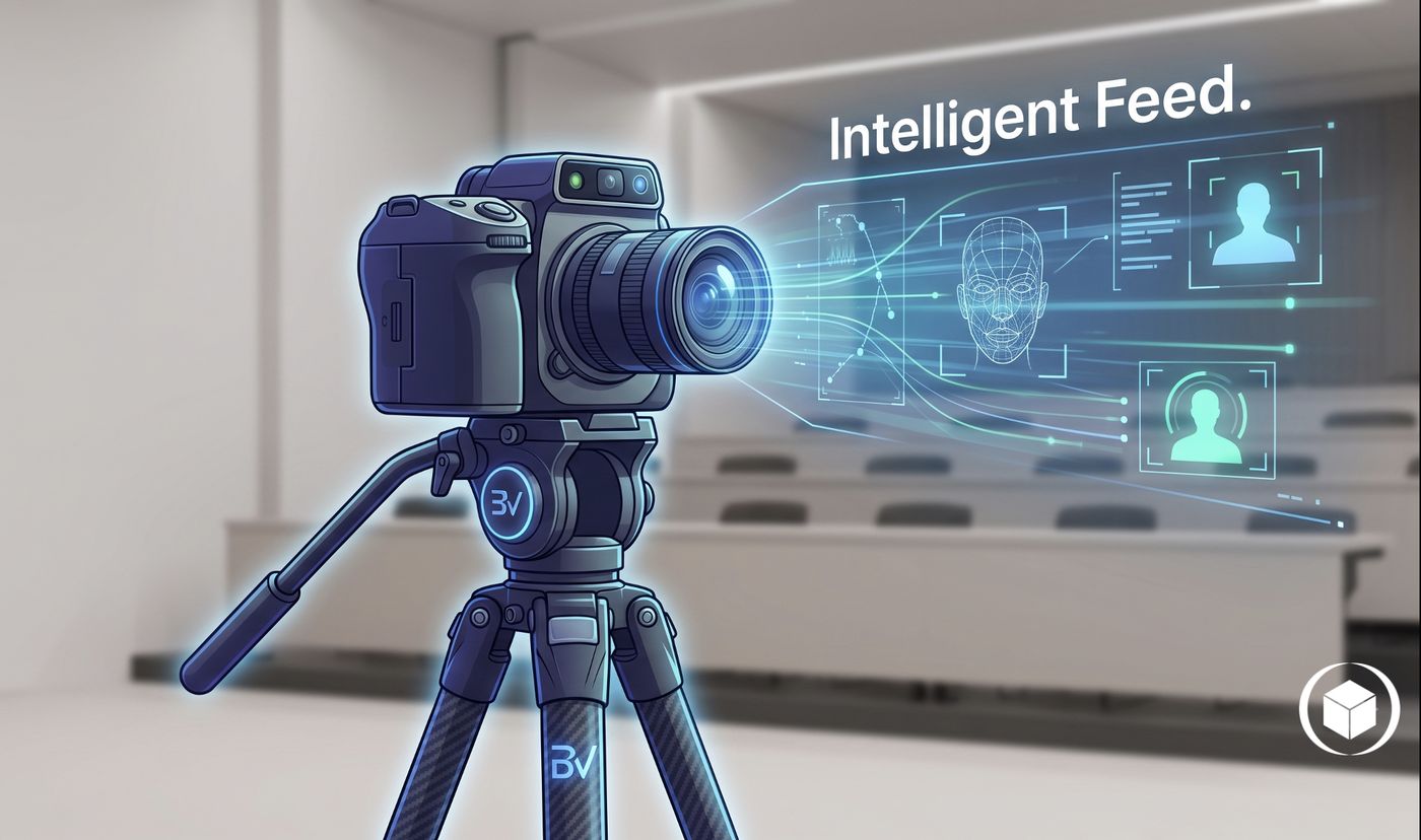 Illustration of an AI-assisted camera automatically identifying and framing a person in a room