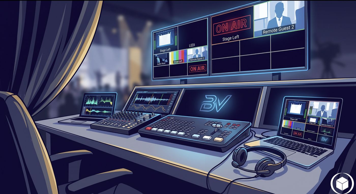 Illustration of a broadcast control desk with multiple monitors, an audio mixer, and a video switcher