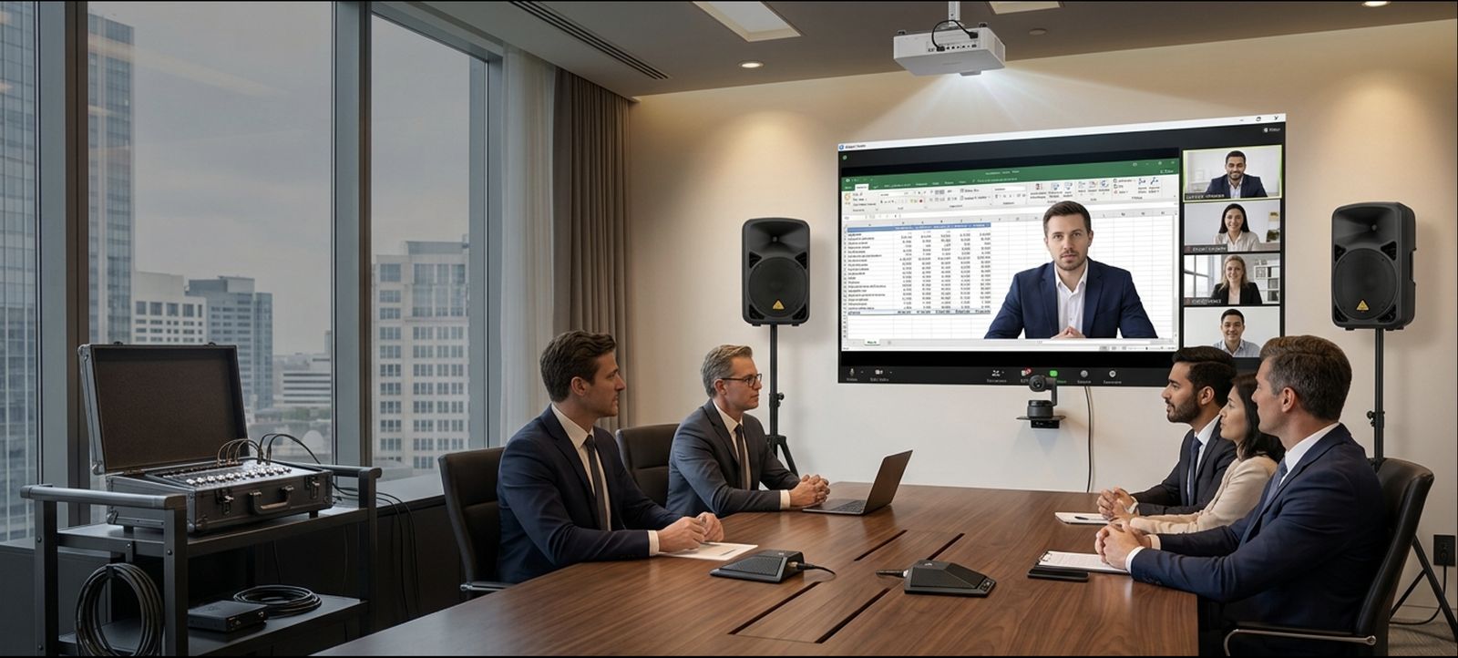 Hybrid boardroom meeting with remote participants on screen