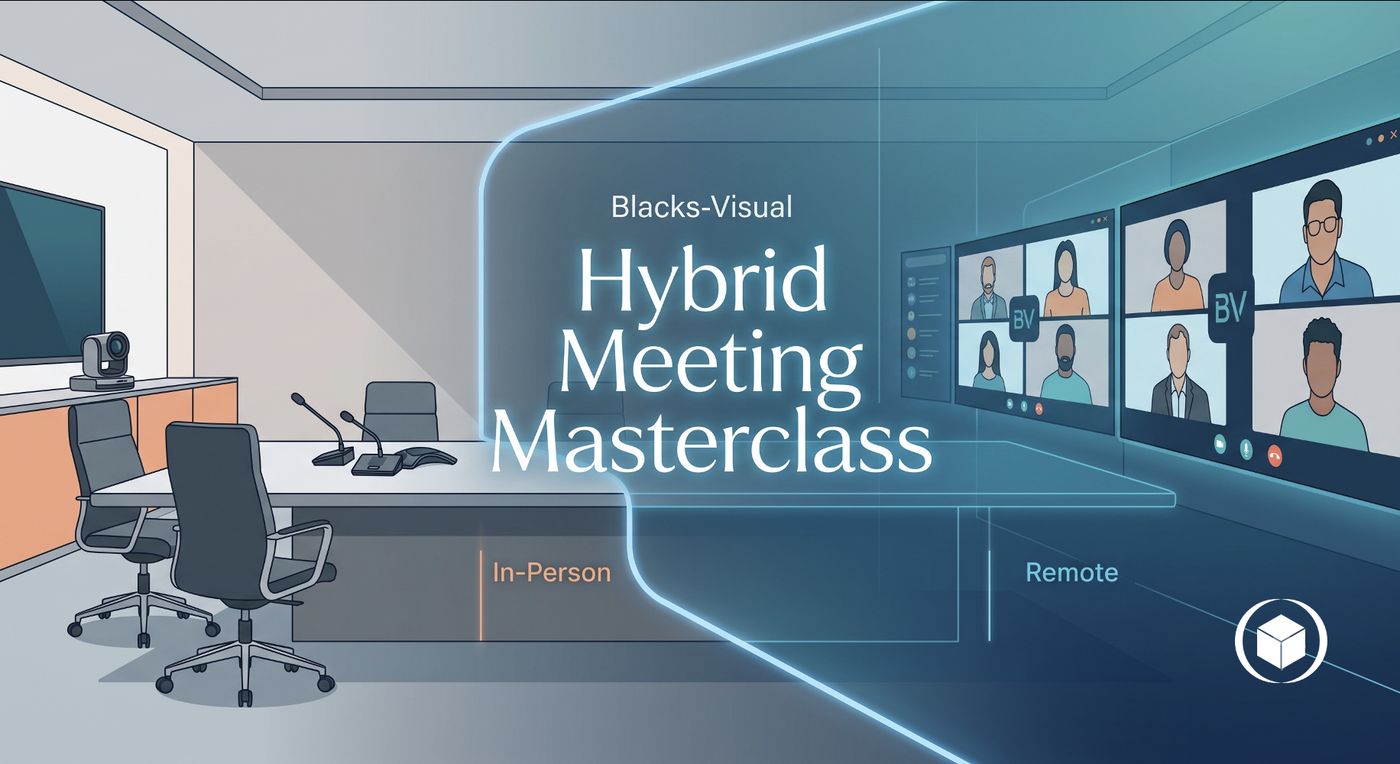 Illustration of a hybrid meeting split between an in-person boardroom and a remote video call panel